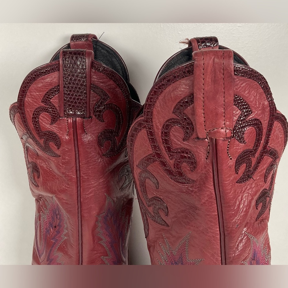 Tony Lama Lizard Wingtip Cowgirl Boots | Overlays | Cranberry | Women’s 6.5 M - Picture 14 of 16